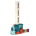 Electric Domino Train Toy with teal plastic locomotive, red wheels, tall cream domino dispenser and colorful tiles