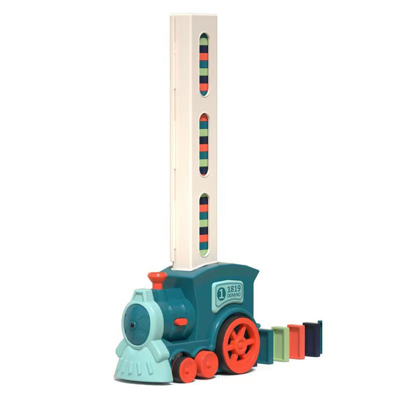 Electric Domino Train Toy with teal plastic locomotive, red wheels, tall cream domino dispenser and colorful tiles