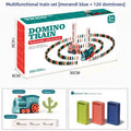 Electric Domino Train Toy with a teal plastic locomotive, orange wheels, colorful dominoes and an automatic card placer
