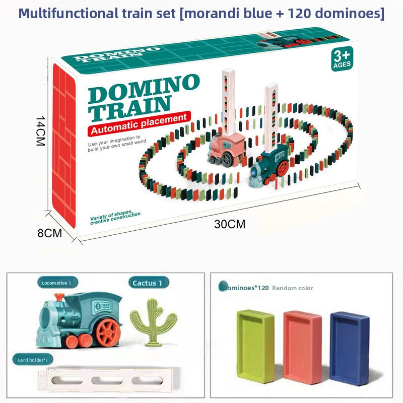 Electric Domino Train Toy with a teal plastic locomotive, orange wheels, colorful dominoes and an automatic card placer