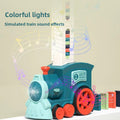 Electric Domino Train Toy made of teal and pale blue plastic, with red wheels, a tall domino dispenser and colorful lights