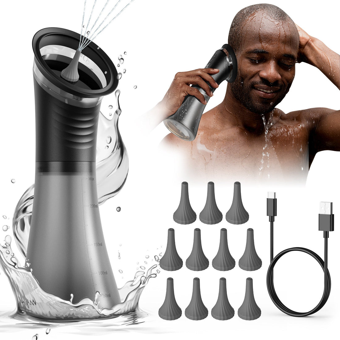 Electric Ear Cleaning Irrigator in silver and black with a ribbed handle, water-spray nozzle, spare tips and USB cable
