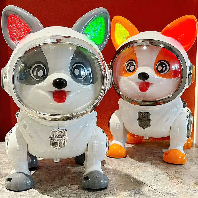 Electric intelligent robot dog made of white plastic with orange accents, a clear domed face and round jointed legs.