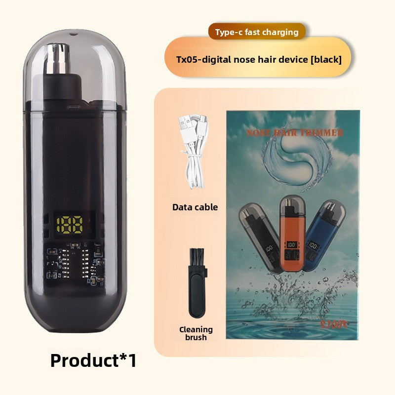 Electric Nose Hair Trimmer with a black body, clear protective cap, digital display, and Type-C charging cable and cleaning brush