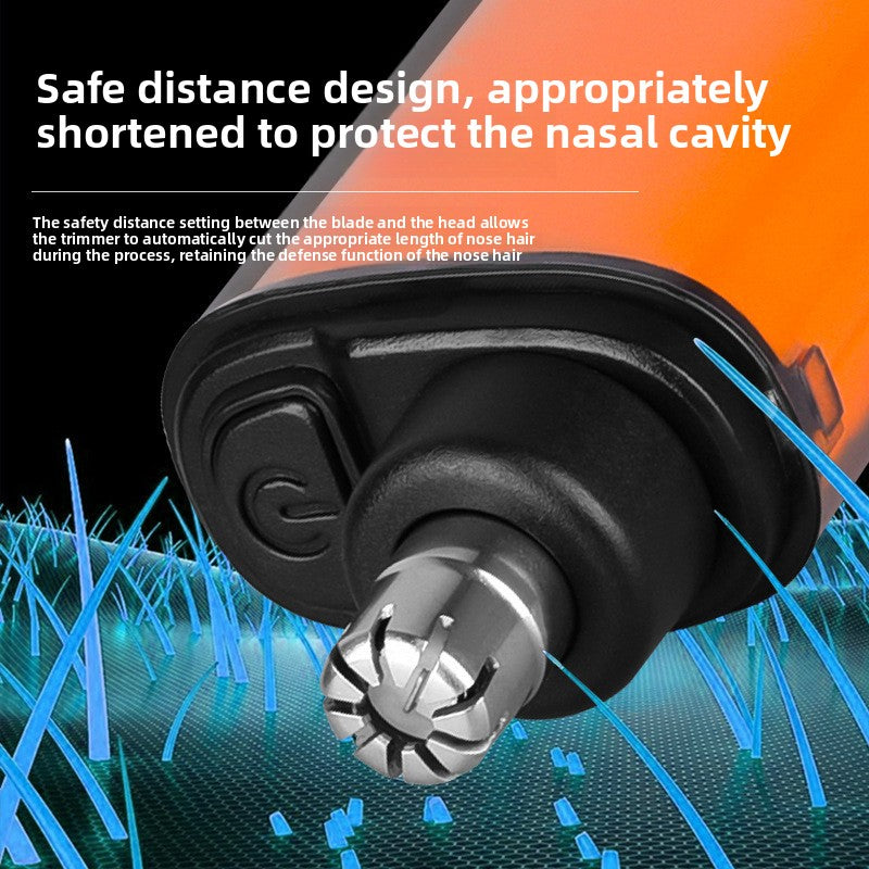 Electric Nose Hair Trimmer with a black protective head and short stainless steel rotary cutting blades