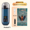 Electric Nose Hair Trimmer in blue ABS with a clear protective cap, digital display, USB cable and cleaning brush
