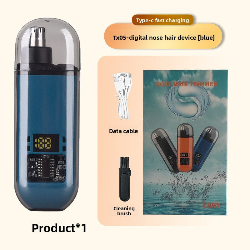 Electric Nose Hair Trimmer in blue ABS with a clear protective cap, digital display, USB cable and cleaning brush