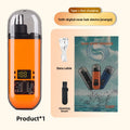 Electric Nose Hair Trimmer with a bright orange ABS body, clear protective cap, digital display, USB cable and cleaning brush