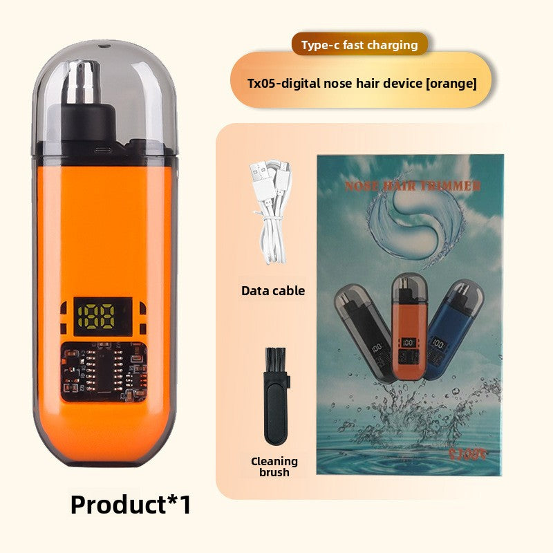 Electric Nose Hair Trimmer with a bright orange ABS body, clear protective cap, digital display, USB cable and cleaning brush