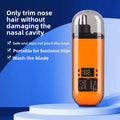 Electric Nose Hair Trimmer with orange ABS body, clear protective cap, silver cutting head and digital display panel