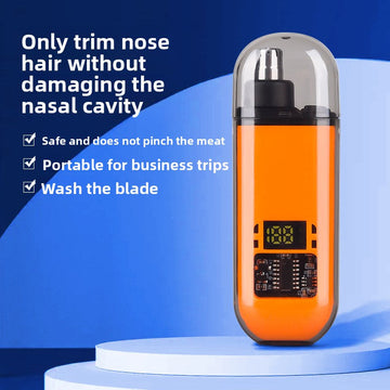 Electric Nose Hair Trimmer with orange ABS body, clear protective cap, silver cutting head and digital display panel