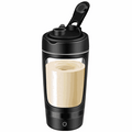 Electric Protein Shaker Cup in black with a clear window showing a creamy drink and a flip-top lid with carry loop