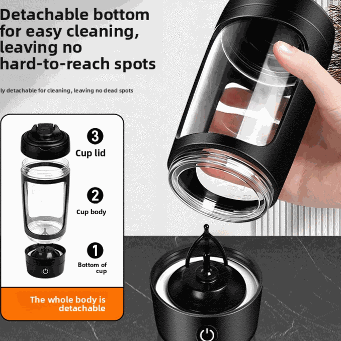 Electric Protein Shaker Cup with a clear plastic body, black lid and motorized base, featuring a detachable three-part design.