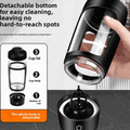Electric Protein Shaker Cup with a clear plastic body, black lid and motorized base, featuring a detachable three-part design.