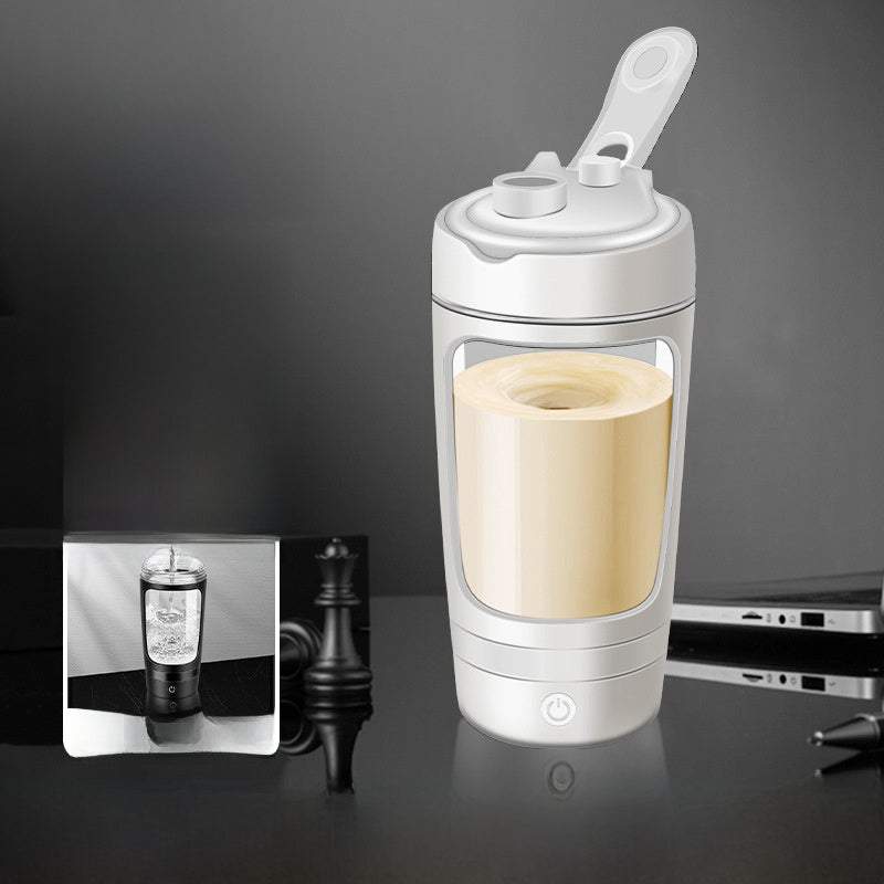Electric Protein Shaker Cup in white plastic with a clear viewing window, filled with a creamy drink and topped with a flip lid