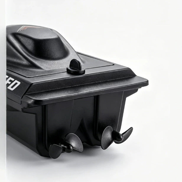 Electric Remote Control Toy Boat with a sleek black plastic hull, red-and-white racing decals and SPEED MAX lettering