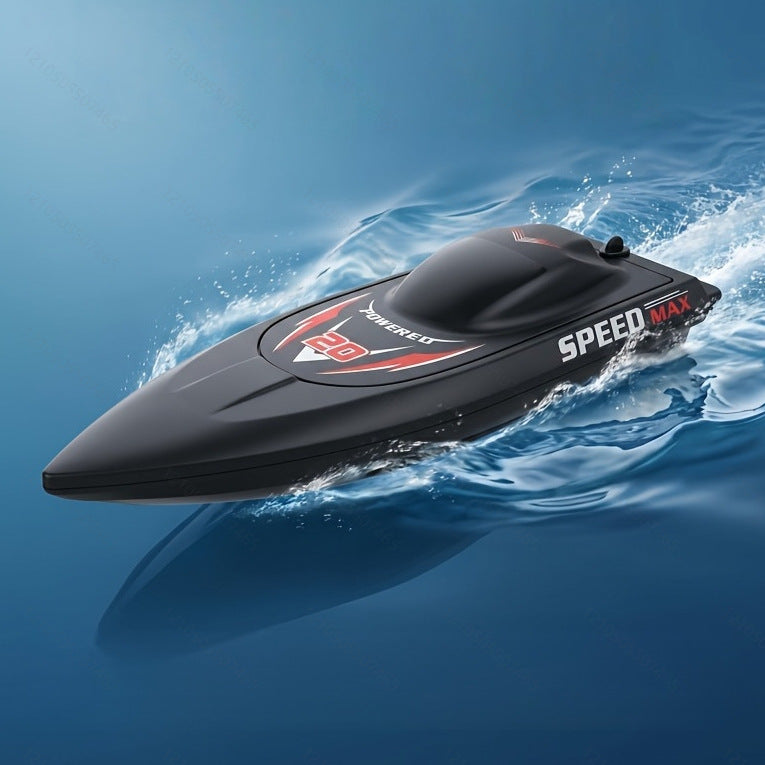Electric Remote Control Toy Boat with a sleek black plastic hull, red-and-white racing decals and SPEED MAX lettering