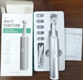 Electric Tooth Cleaner in silver with a smooth cylindrical handle, rounded cleaning head, removable tips and charging cable