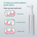 Electric Tooth Cleaner with a slim silver handle and white angled tip, shown alongside diagrams of tooth stain cleaning.
