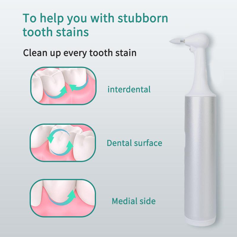 Electric Tooth Cleaner with a slim silver handle and white angled tip, shown alongside diagrams of tooth stain cleaning.