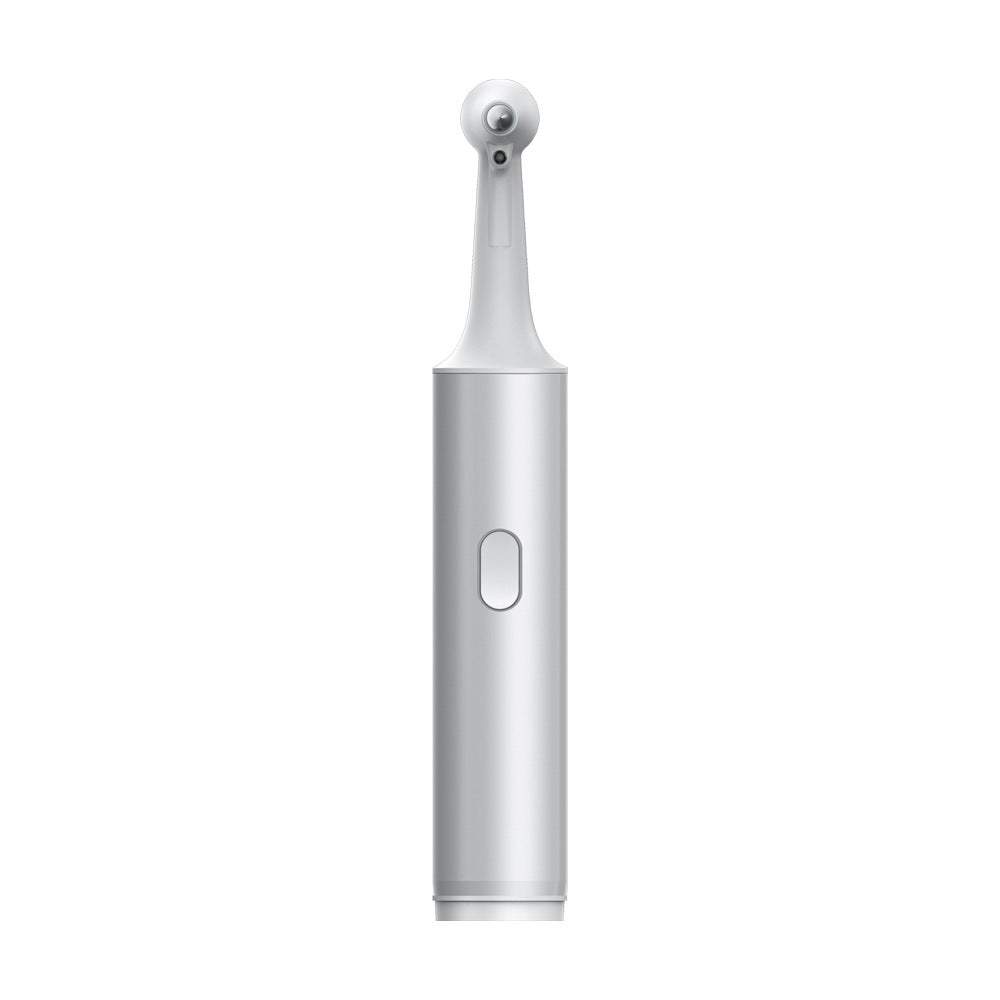 Electric Tooth Cleaner with a slim silver metallic body, oval power button and small rounded cleaning head