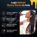 Energy Supplement of shilajit honey sticks, pictured as golden honey with a woman using a stick and benefit icons
