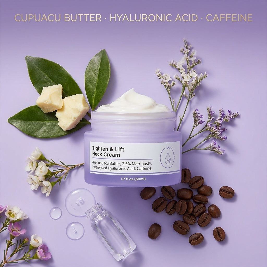 Enhance skin beauty neck cream in a lavender jar, with a white cream swirl and a label listing cupuacu butter, hyaluronic acid, and caffeine.