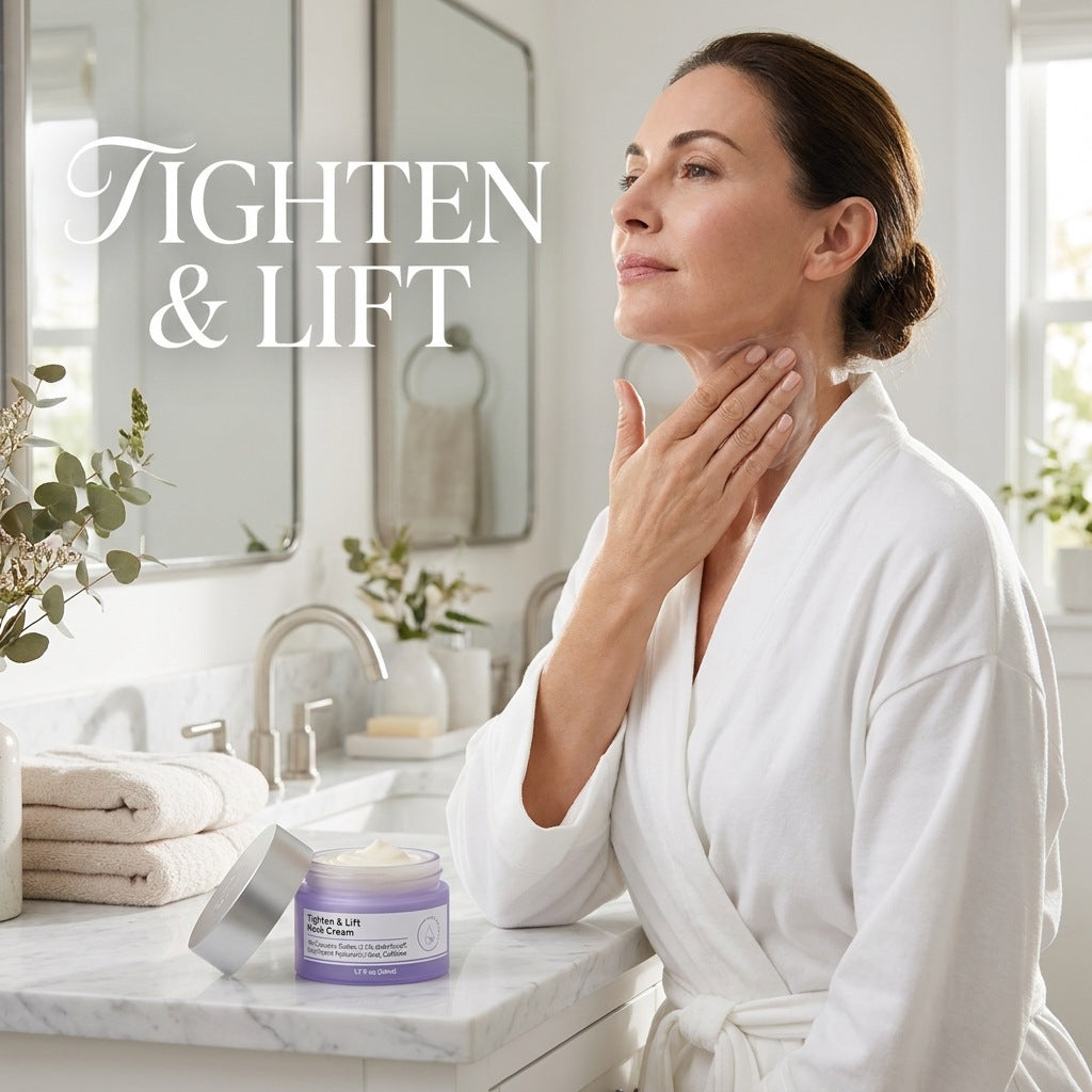 Enhance skin beauty neck cream in a lavender jar, with a white cream swirl and a label listing cupuacu butter, hyaluronic acid, and caffeine.