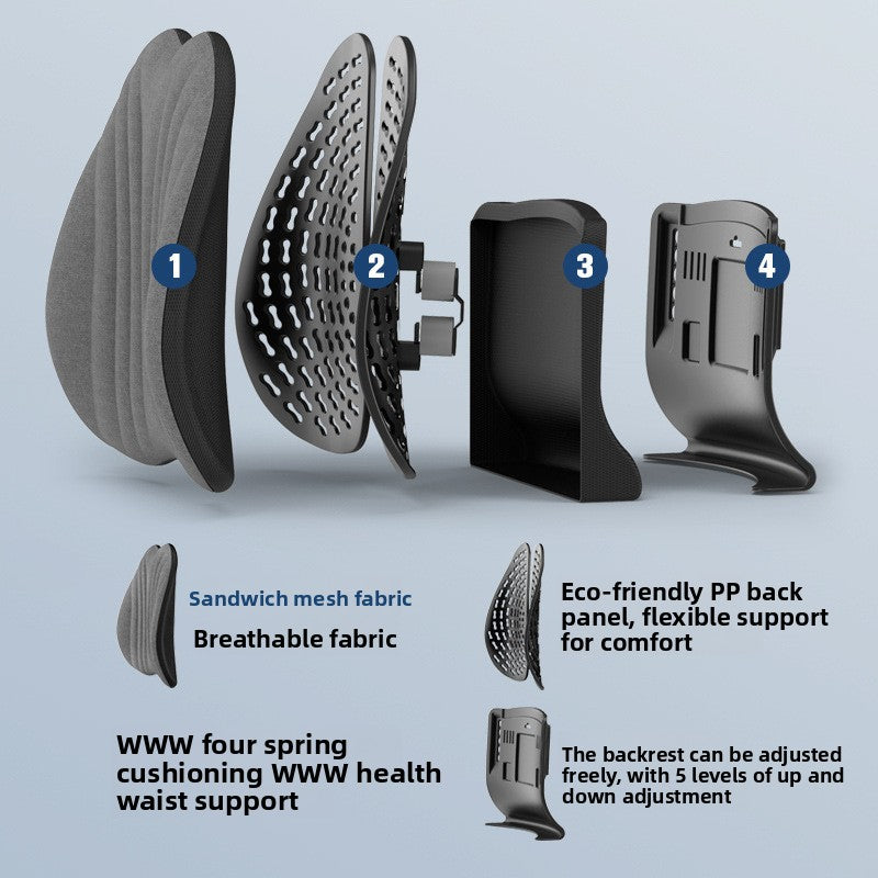 Ergonomic Lumbar Support Cushion in black mesh, with a contoured shape and adjustable support brackets for the back.