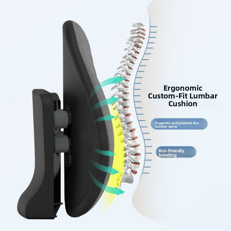 Ergonomic Lumbar Support Cushion in black mesh, with a contoured shape and adjustable support brackets for the back.