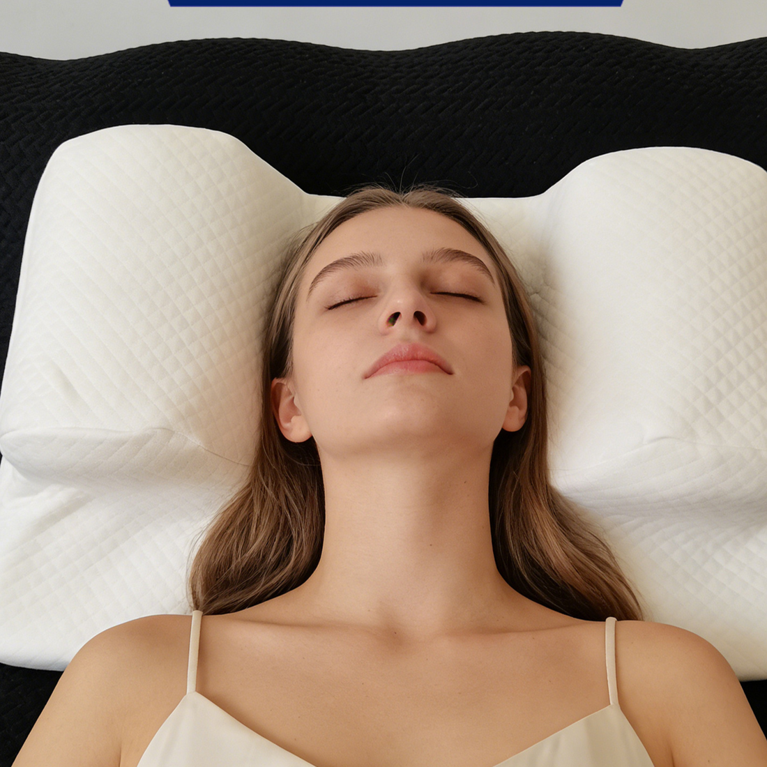 Ergonomic Memory Foam Support Pillow in ivory white quilted fabric, with contoured raised sides and a central neck groove.