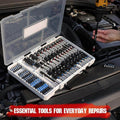 Essential Hardware Tools set with assorted black and silver steel driver bits in an open clear plastic organizer case, shown in use with a drill
