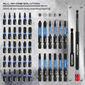 Essential Hardware Tools set with black and blue screwdriver bits, hex shanks, and a long red-capped bit holder