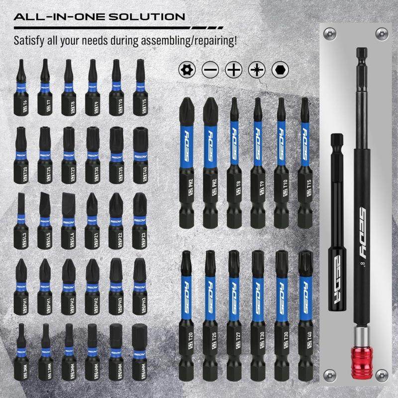 Essential Hardware Tools set with black and blue screwdriver bits, hex shanks, and a long red-capped bit holder