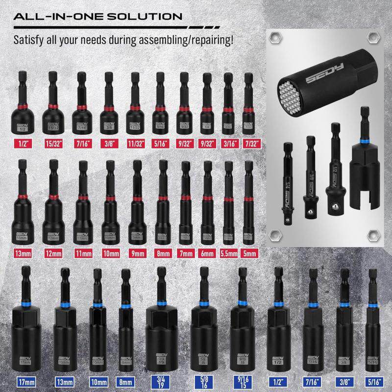 Essential Hardware Tools 32-piece nut driver and bit set in black hardened steel, with red and blue size markings