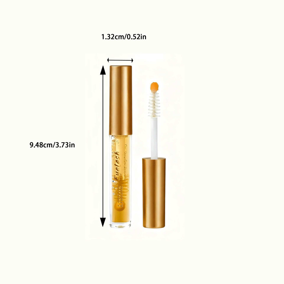 Eyelash serum in a clear gold-tinted tube with metallic gold cap and white fine-comb applicator tipped in orange
