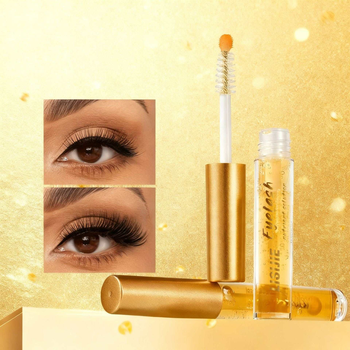Eyelash serum in a clear tube with a gold cap and fine comb wand, shown with before-and-after lash results