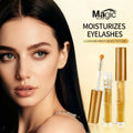Eyelash serum in clear tubes with gold caps and a fine comb applicator, filled with transparent golden liquid