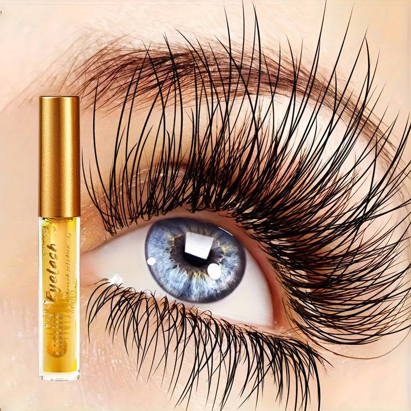 Eyelash serum in a clear tube with a gold cap beside an eye with long, dark, curled lashes