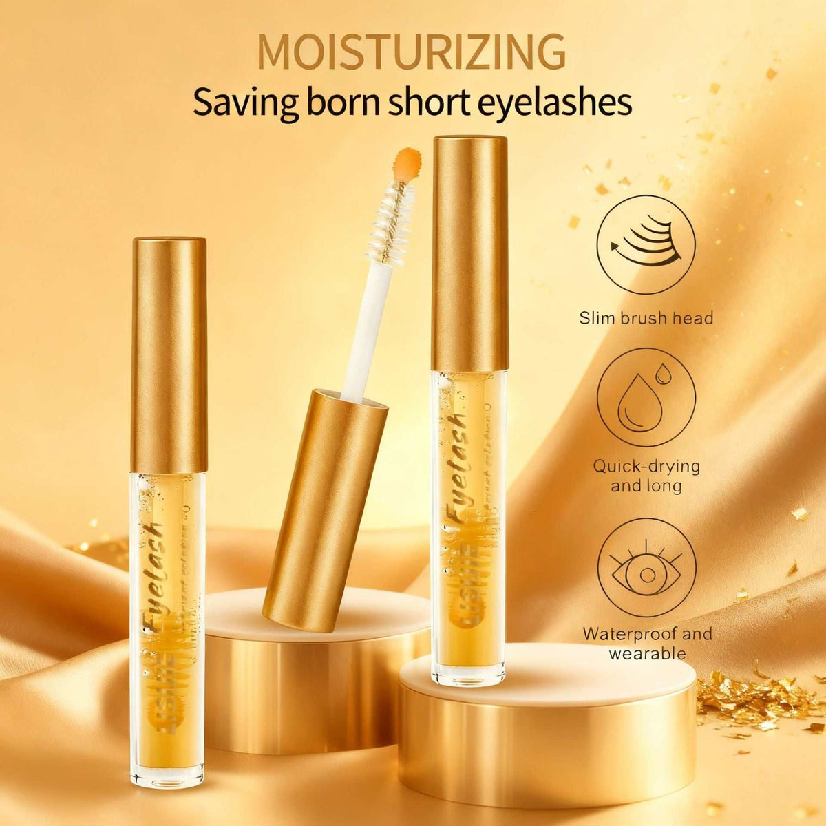 Eyelash serum in clear tubes with metallic gold caps and a slim white applicator brush for moisturizing lashes