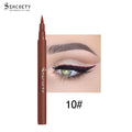 Eyeliner Pen Waterproof in a slim brown barrel, paired with a close-up eye showing a fine burgundy winged line.