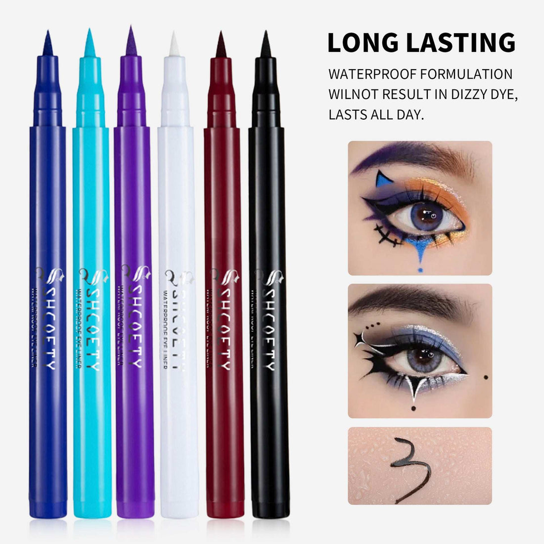 Eyeliner Pen Waterproof in a row of vivid matte colors with slim marker tips and colorful eye makeup designs