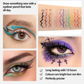 Eyeliner Pen Waterproof with colourful matte pigments, shown as bright swatches and bold turquoise, purple and green eye looks