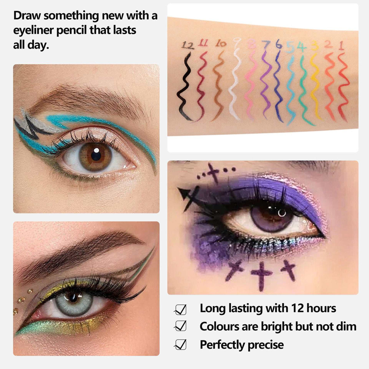 Eyeliner Pen Waterproof with colourful matte pigments, shown as bright swatches and bold turquoise, purple and green eye looks
