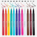 Eyeliner Pen Waterproof in vibrant red, orange, yellow, teal, blue, purple, pink, white, brown and black shades with matching swatch marks