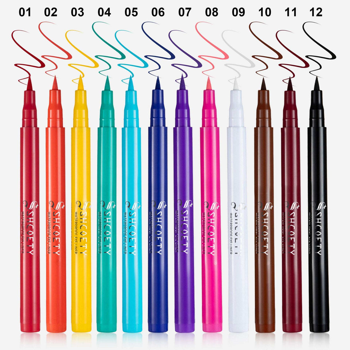 Eyeliner Pen Waterproof in vibrant red, orange, yellow, teal, blue, purple, pink, white, brown and black shades with matching swatch marks