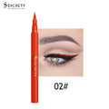 Eyeliner Pen Waterproof in bright orange-red with a fine felt tip, shown beside a dramatic matching orange winged eye look.