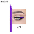 Eyeliner Pen Waterproof with a vivid purple plastic body and pointed felt tip, shown creating a bold purple winged line