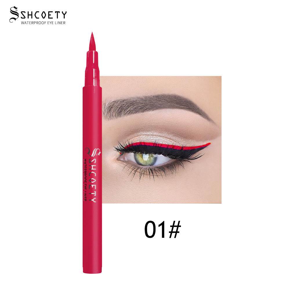 Eyeliner Pen Waterproof in vivid red with a slim pointed tip, shown beside a bold red winged eyeliner look