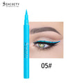 Eyeliner Pen Waterproof in vivid turquoise with a slim felt tip, shown beside a matching bright blue winged eye line.